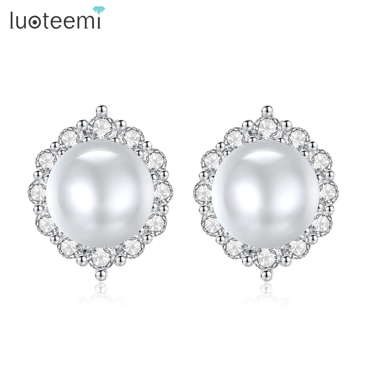 LUOTEEMI Dainty Starry Women Pearl Stud Earrings Luxury Cubic Zircon Jewelry for Bridal Ladies Wedding Engagement Accessories