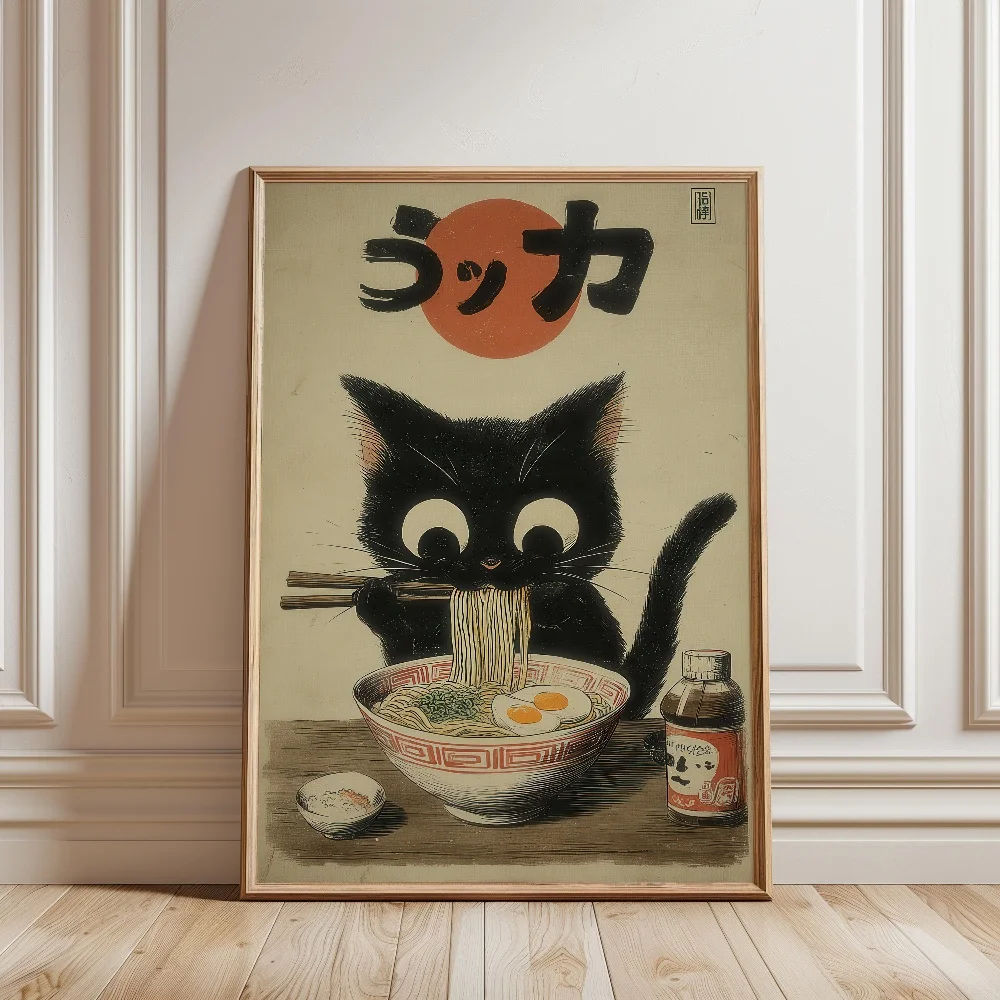 Black Cat Eating Ramen Rainy Garden Japanese Landscape Cat Canvas Printing Poster and Picture Wall Art Home Decor Mural Cuadros