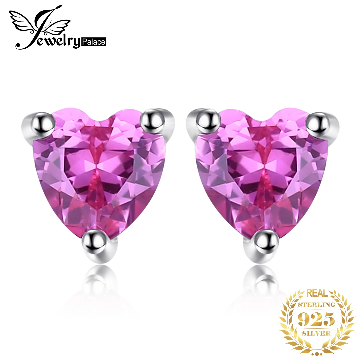 JewelryPalace Love Heart Created Pink Sapphire 925 Sterling Silver Stud Earrings for Women Gemstone Fine Jewelry Birthday Gift
