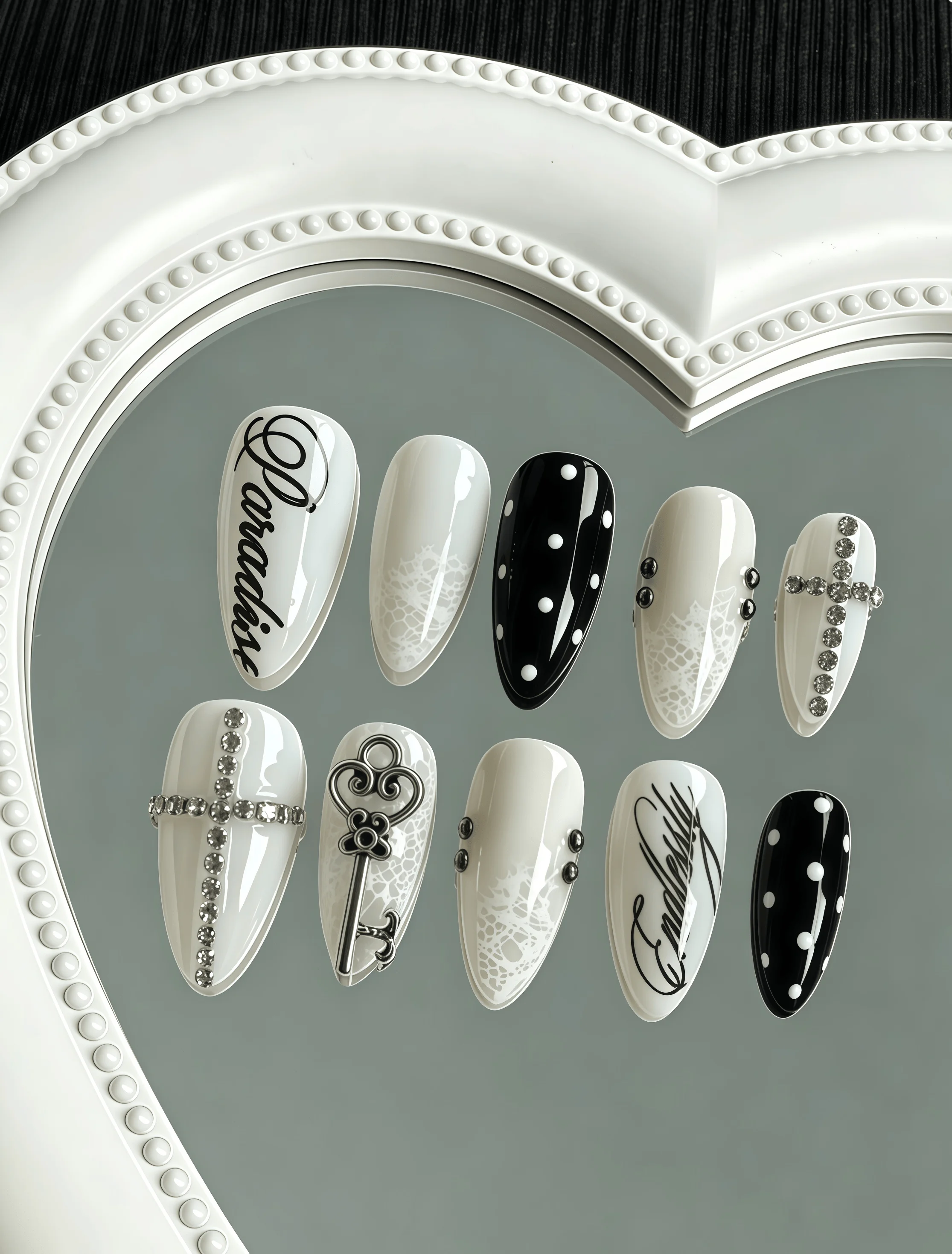 10 Pieces of Black and White Cross-Patterned Nail Stickers, Reusable Keychain Fake Nails for Trendy Women, Polka Dot Lace Design Long Almond-Shaped Fake Nails