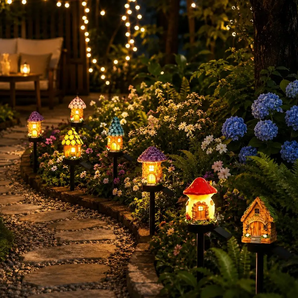 1pc Creative Solar Resin Mushroom House Light, Waterproof Small House Led Floor Plug Light For Outdoor Garden Lawn Decoration