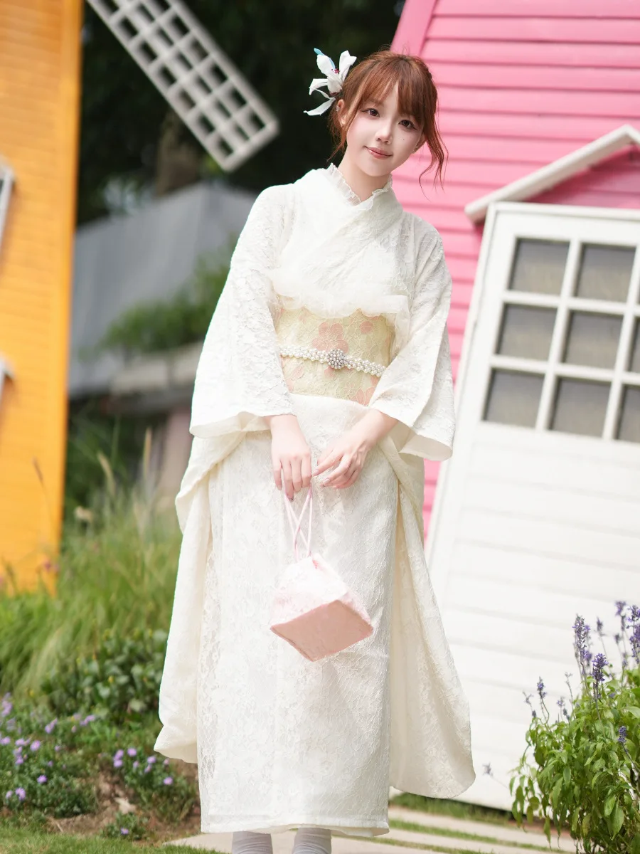 

Japanese Style Women Traditional Furisode Kimono White Color Lace Formal Yukata Stage Performance Dress Cosplay Costume