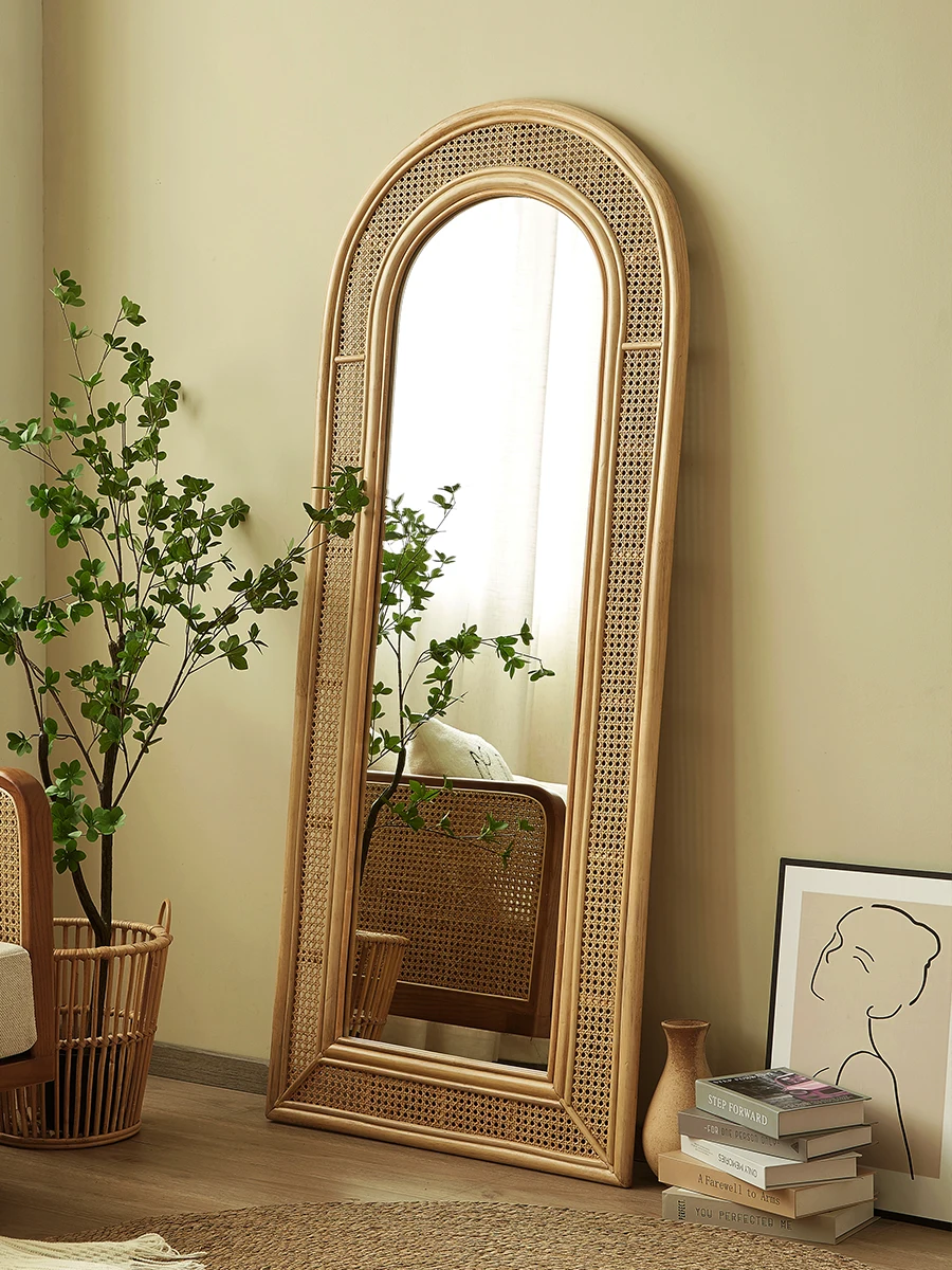 Vintage natural rattan woven fitting mirror, full-body landing, home bedroom design, home stay simple