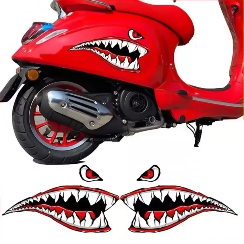 2Pcs Warhawk Shark Mouth Waterproof Vinyl Stickers For Vespa LX LXV PX Sprint GTS GTV 50-300 Scooter Side Fairing Decor Decals