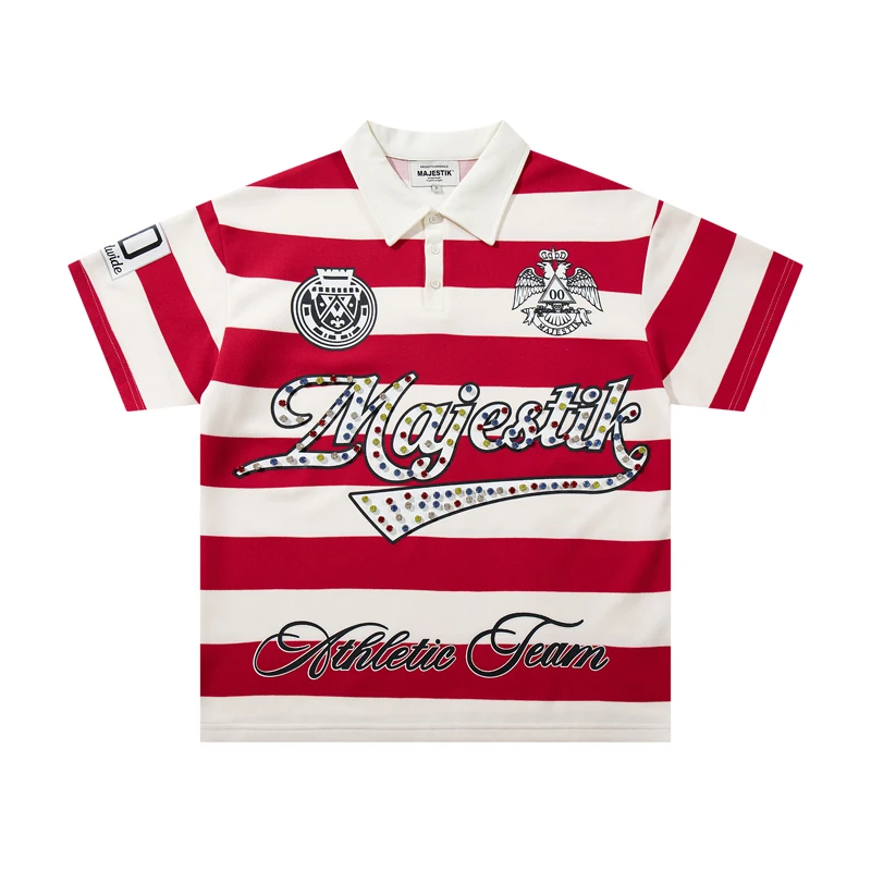 2026 New Men's Women's MAJESTIK T-Shirts American Street Fashion Brand Embroidered Diamonds Red White Stripes Short Sleeve