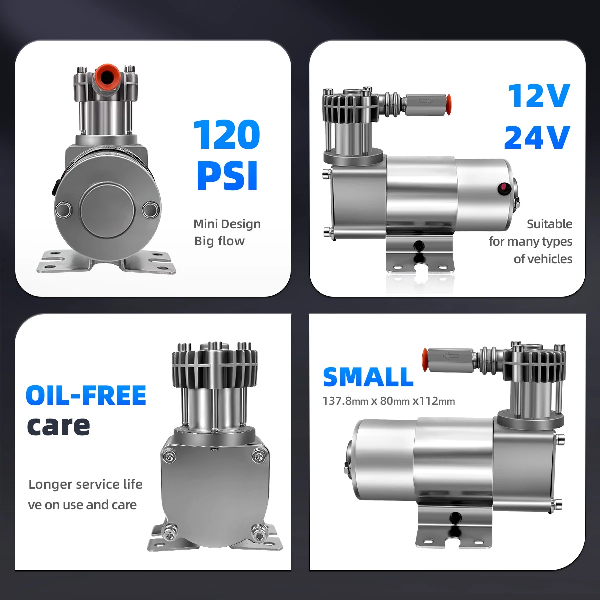 Маленький воздушный компрессор 120PSI 1.03CFM DC 12 В/24 В со стойкой Omega, компрессор для пневматических модификаций и пневматической подвески-H250