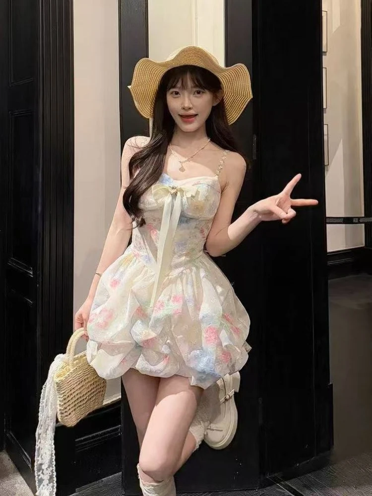 Sweet Kawaii Floral Print Bow Lace Spaghetti Strap Waist Sheer Organza Bubble Mini Dress 2pcs Set Women Girls Party Daily Wear