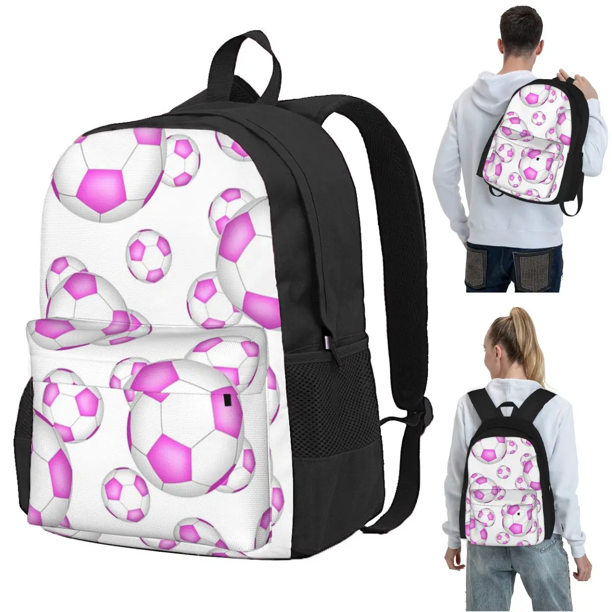Pink And White Soccer Balls Backpack Student BookBag Kids School Bag Laptop Shoulder Bags for Boys Girls