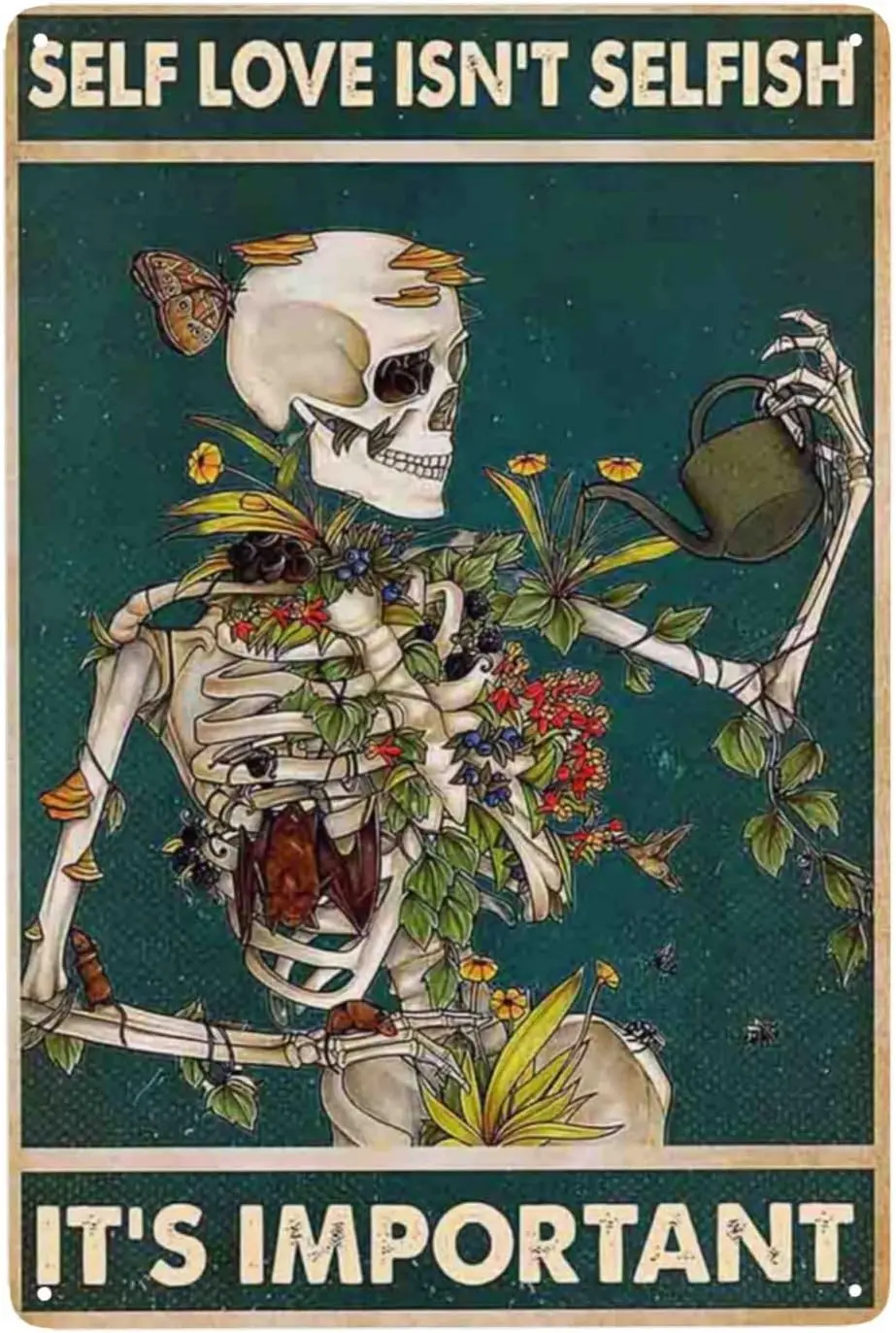 Self Love Isn't Selfish It's Important Vintage Skull Metal Sign, Retro Skeleton Poster Bathroom Wall Decor, Tin Signs fo sign