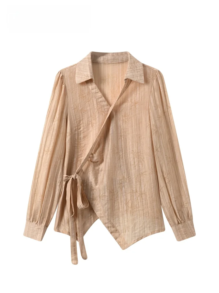 

CaraCLUB plus Size Neck Long Sleeve Shirt Women's Spring New Style Vintage Age-Defying Asymmetrical Blouse Casual Loose Fit