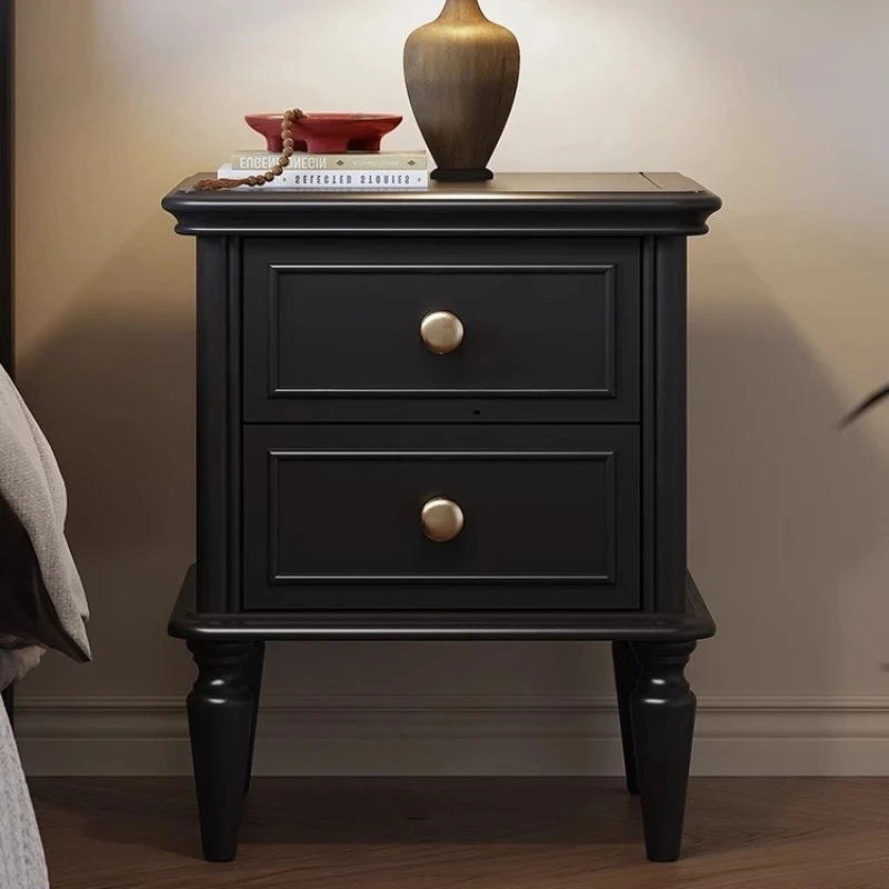 

French solid wood black bedside table household retro small bedside table medium antique bedroom storage integrated locker