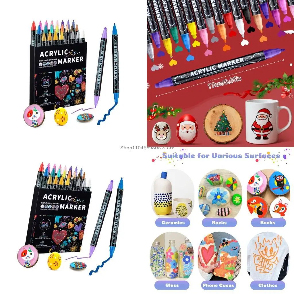 

Fast Drying Waterproof Art Markers Pack of 24 Double Tip Paint Pen for Decorating Rocks Canvas Crafts Supplies