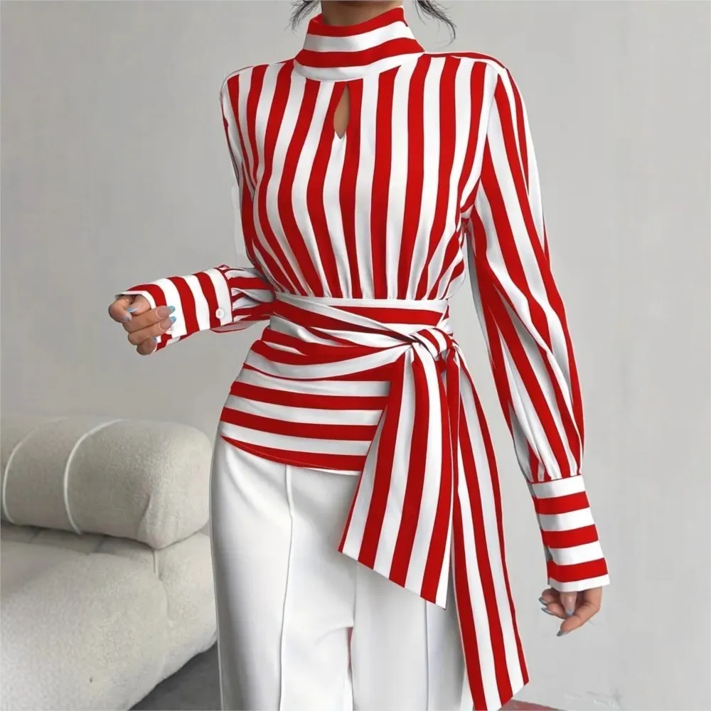 Chemise à rayures contrastées pour femmes, tendance, noir et blanc, col écharpe rétro, manches longues, pull élégant, nouvelle collection automne