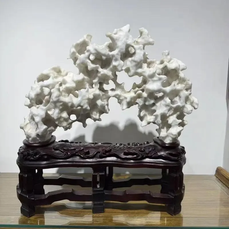 Handmade Natural Taihu Stone Rockery Chinese Literati Landscape Ornament with Wood Carving Base Custom Decorative Artwork