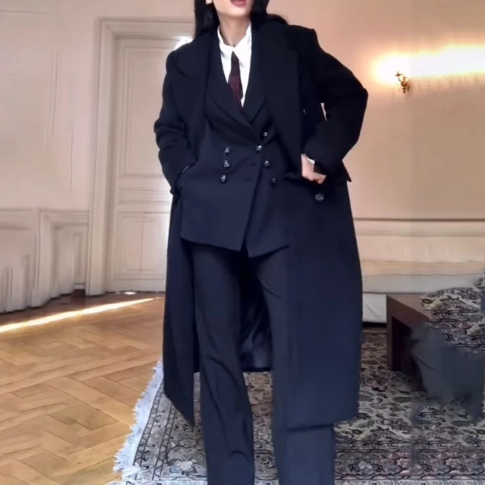 

Black Women Suit Unisex Formal Solid Double-breasted Peak Lapel Three Pieces (Jacket+Pants+Coat) Winter Business Office Lady Set