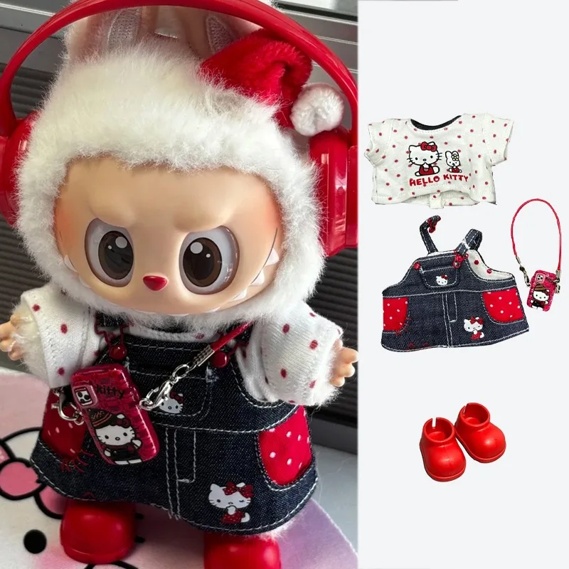 

15 17 см для куклы Labubu, юбка в горошек, одежда Kawaii Hellokitty, ковбойские брюки на бретелях, прямые леггинсы, одежда Ropa