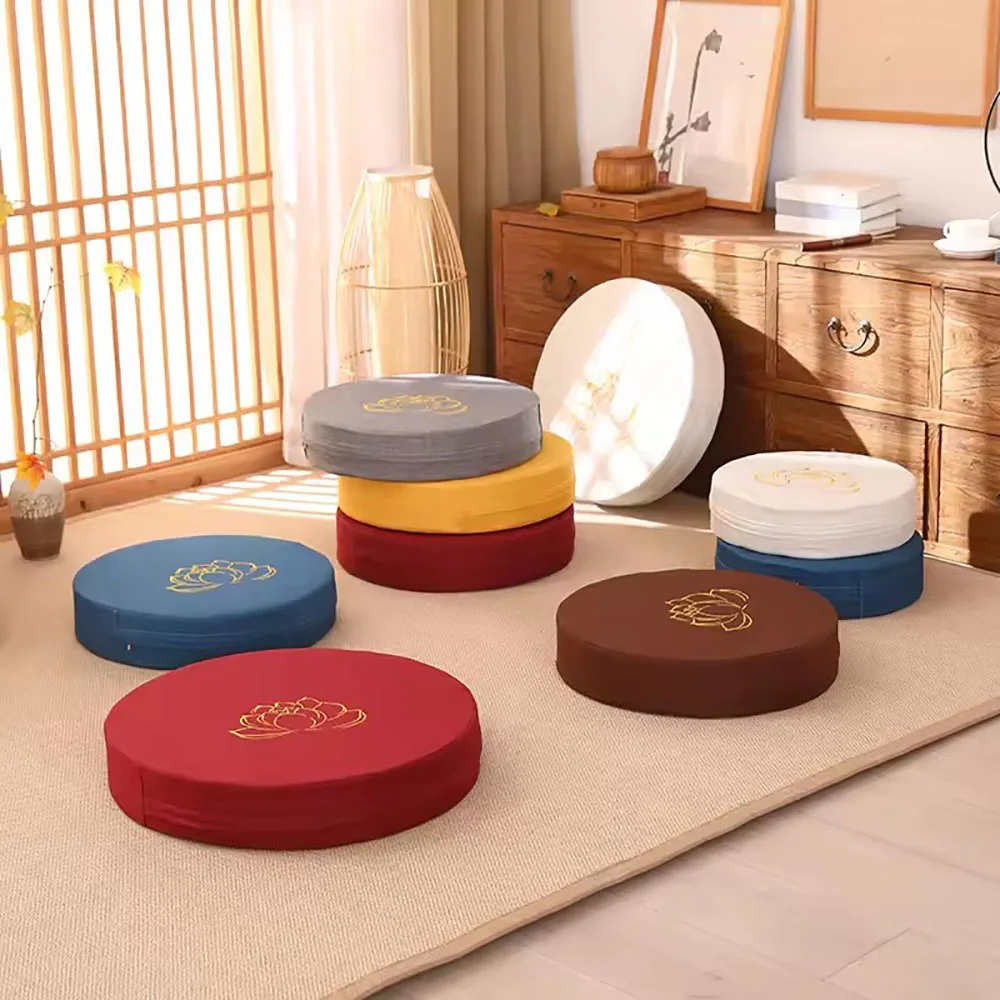 Meditation Cushion Round Linen Yoga Floor Pillow 40x6cm Zen Lotus Embroidery Removable Washable Tatami Seat Pad for Back Support