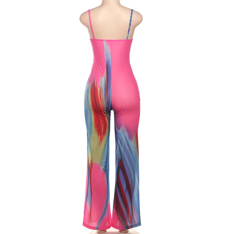 Summer Sexy Bodyscon Printed Suspender High Waist Backless Wide Leg Pants Jumpsuit Women 2024 One Piece Long Rompers Clothes