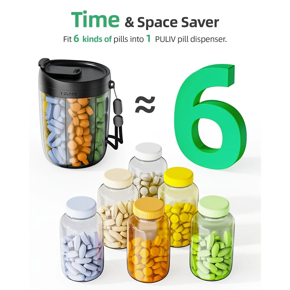 UNTIOR Large Pill Organizer with 6 Compartments Transparent for Vitamins Supplements Medicine Tablets Portable Storage Container