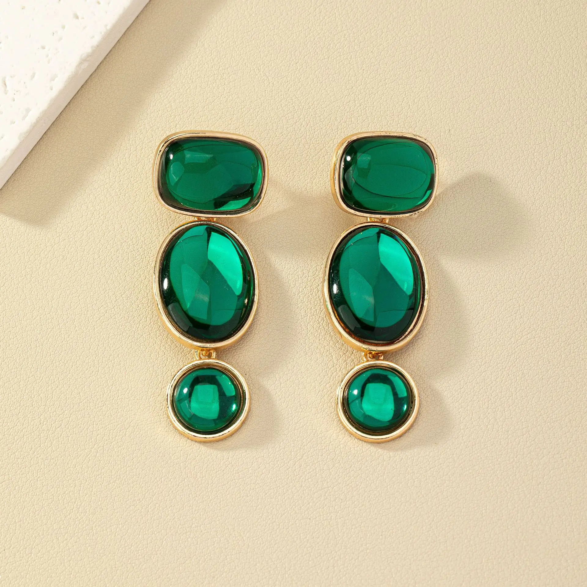 Light Luxury High-grade Sense of Green Glass Stone Earrings Small Personality Cold Wind Earrings Wholesale