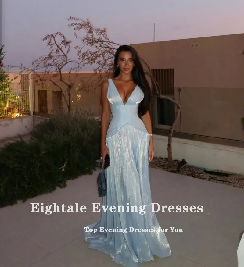 Eightale Evening Dresses V-Neck Pleats Light Blue Customized Floor Length Side Slit V-Neck Prom Party Gown vestido de fiesta