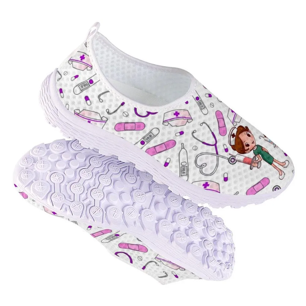 Cute Cartoon Nursing Doctor Surgery Printed Woman Flats Sneakers Mesh Nurse Shoes Women Light Weight Ladies Footwear