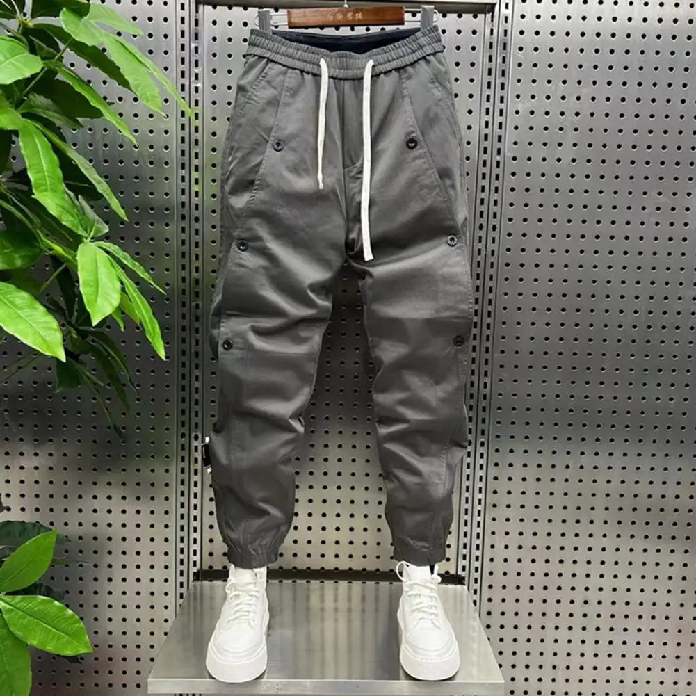 

Solid Color Pants Men's Elastic Waist Ankle Length Sweatpants with Pockets Casual Sports Trousers for Autumn Winter Cargo Pants