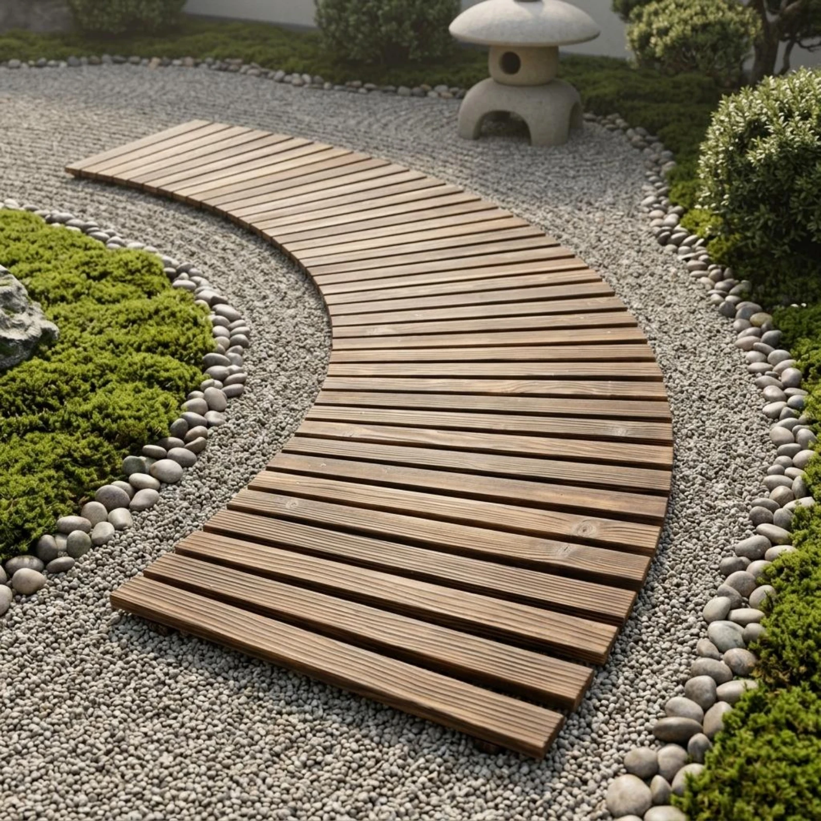 Curved Garden Walkway Slatted Carbonized Wood Panel Curved Wood Walkway Brown Outdoor Flooring Rustic for Landscape