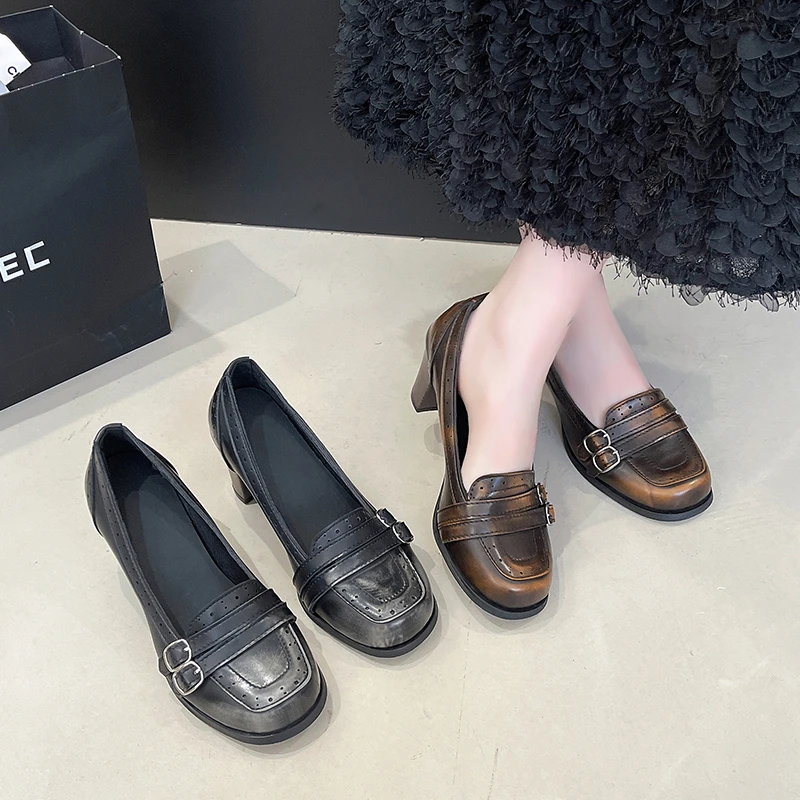 

Vintage Thick Heel Women Mary Jane Shoes Ladies Concise Belt Buckle Pumps Spring Autumn Women's Party Dress Slip On Shoes