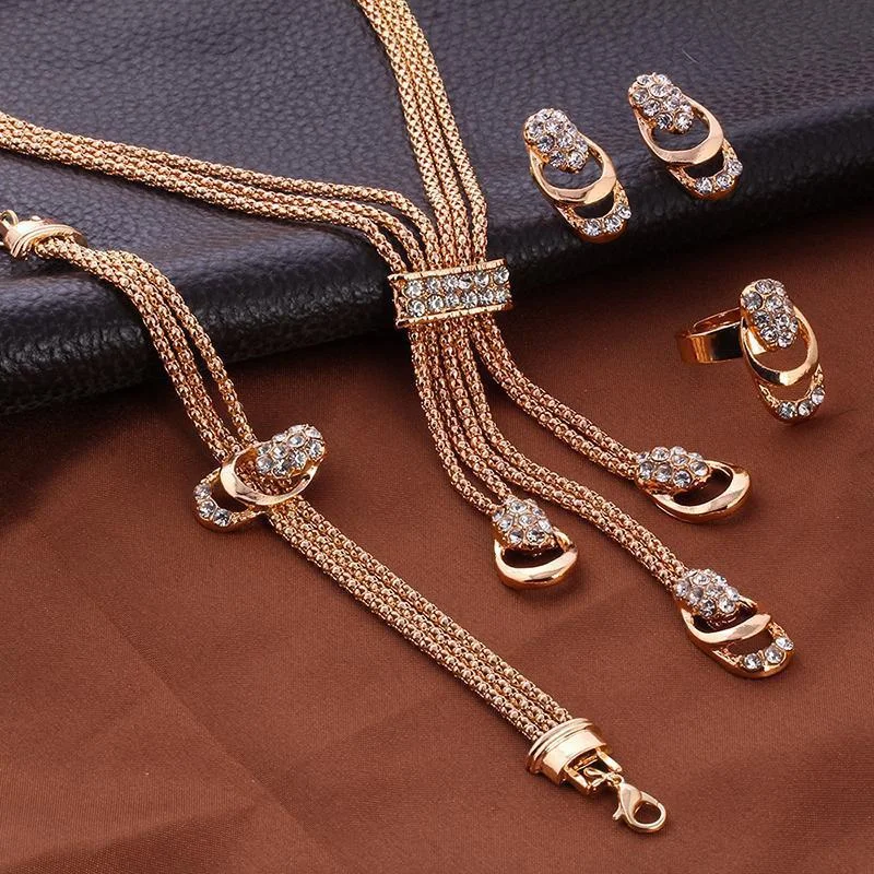 Conjunto de joias de alta moda - Anel com franjas retrô, brincos, pulseira e colar - Conjunto de 4 peças