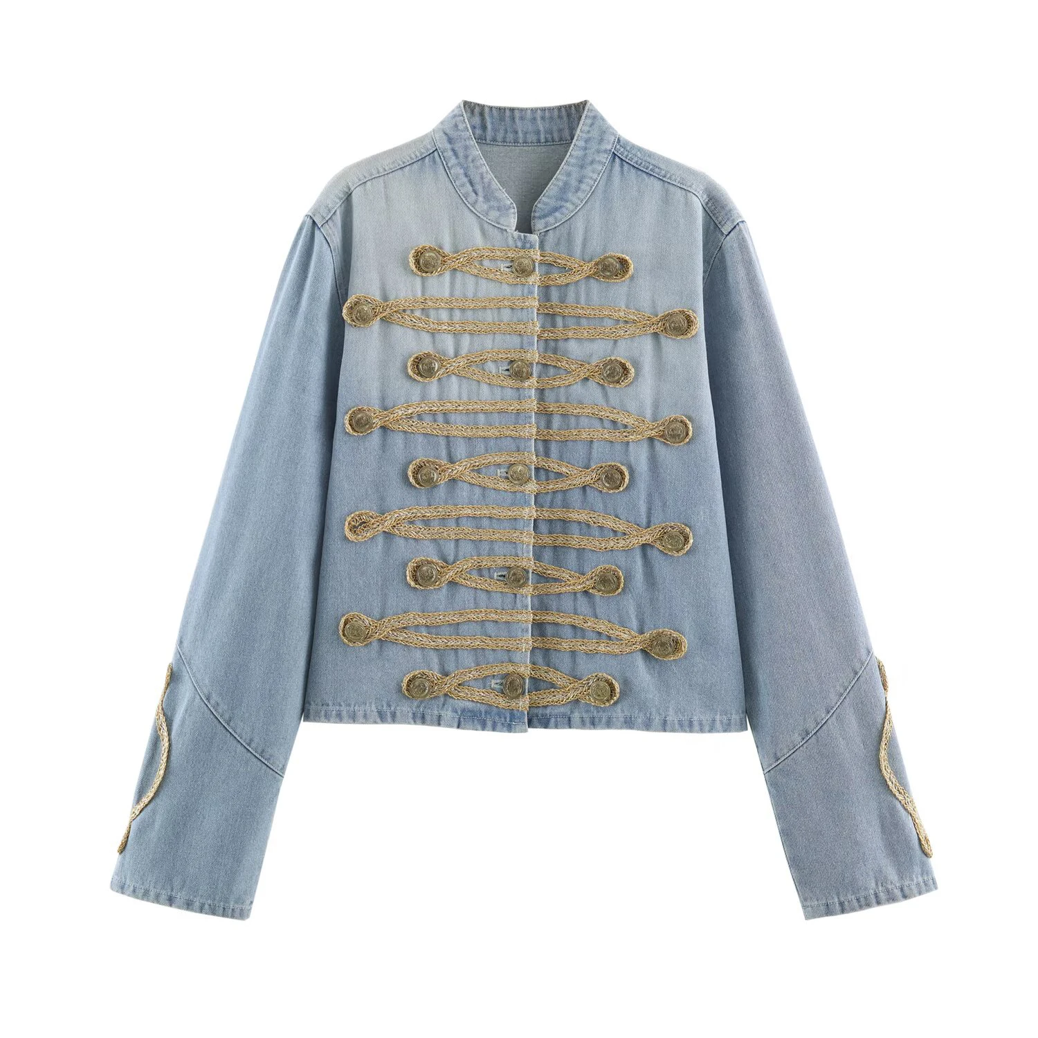 2026 autumn light blue washed denim woven double breasted stand up collar short design jacket