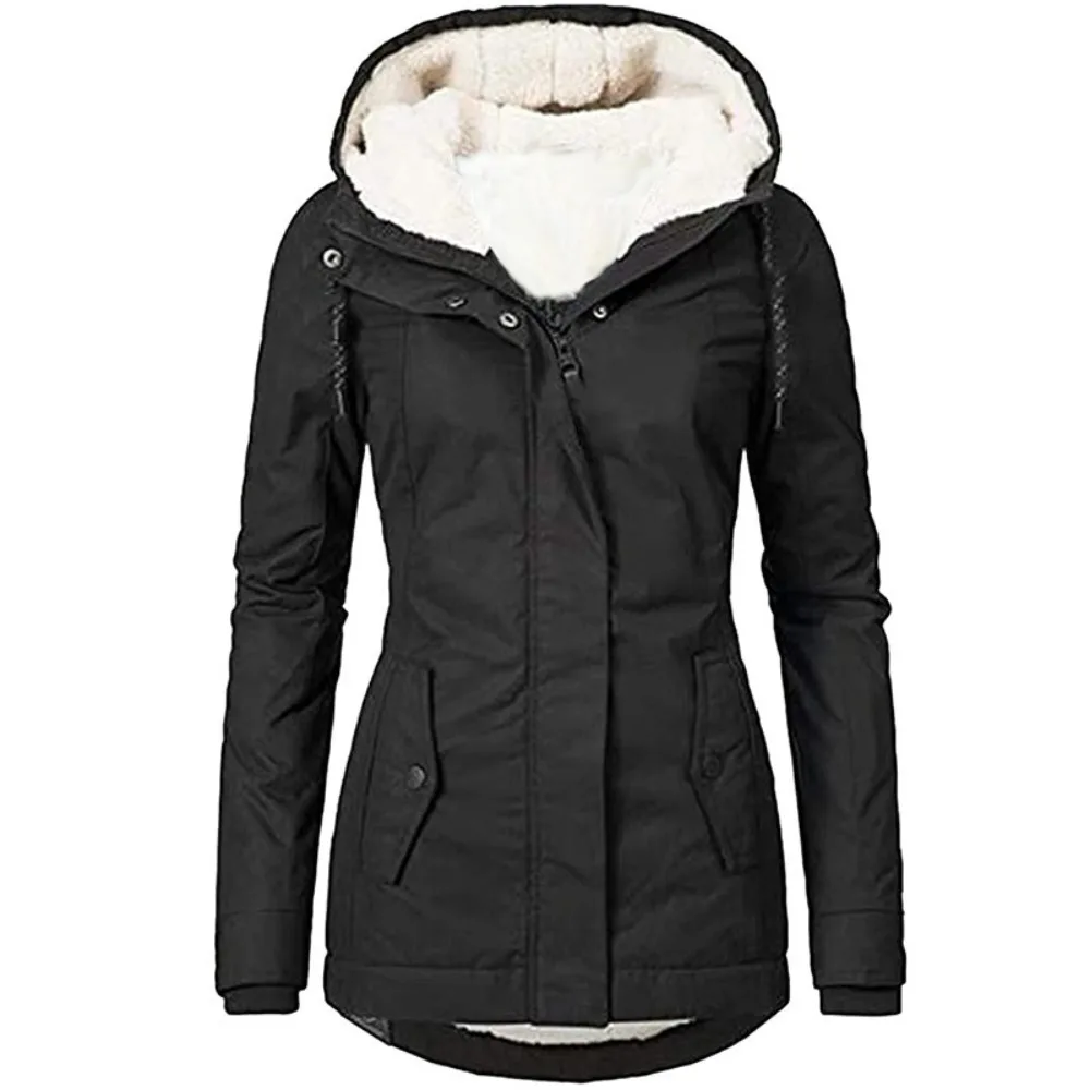 

2026 Womens Fleece Lined Winter Jacket Hooded Long Sleeve Cotton Coat Fashion Warm