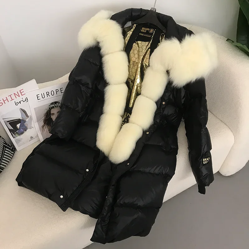 MENINA BONITA New Real Fox Fur collo di pelliccia di procione giacca invernale con cappuccio donna Warm Duck Down Long Streetwear capispalla