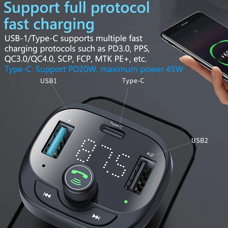 JaJaBor FM Transmitter TF Card U Disk Car MP3 Player QC3.0 Type C PD Fast Charging 2 USB Charger Bluetooth 5.0 Handsfree Car Kit