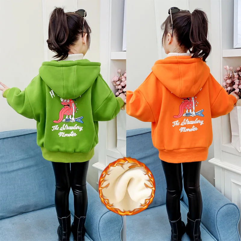 

2024 Winter Junior Girl Plus Velvet Thicken Jacket Children Girl Cartoon Monster Zipper Sweat Coats School Girl Warm Outwears