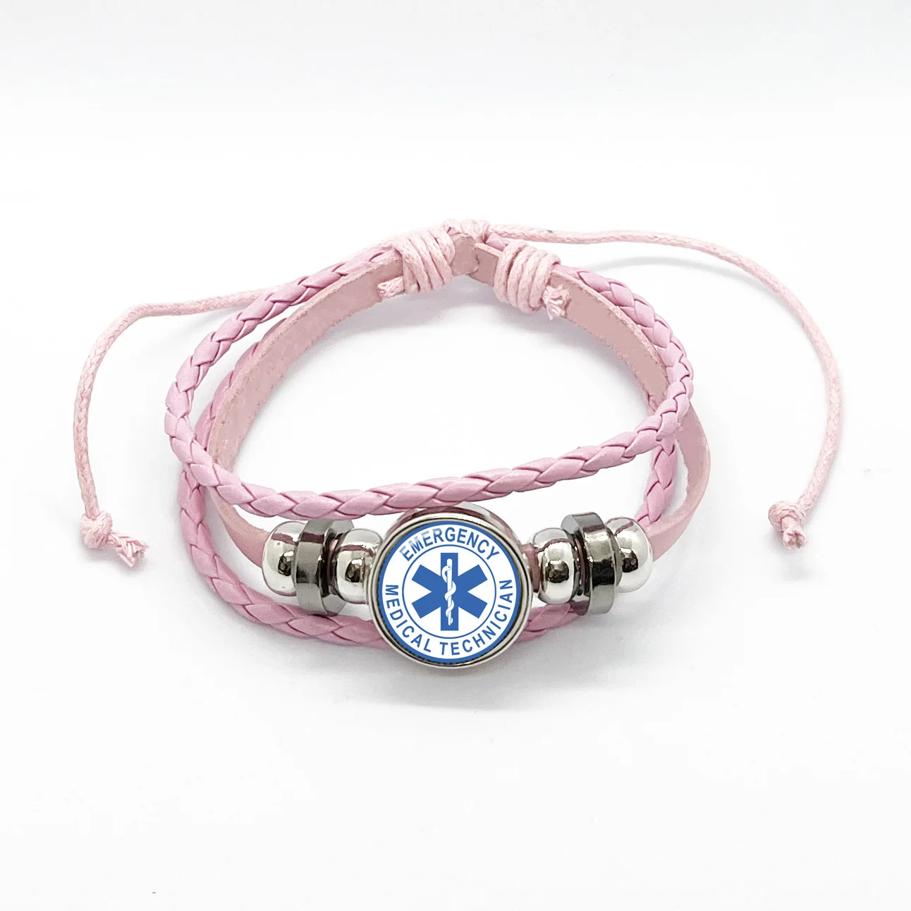 Emergency Medical Technician Paramedic Symbol Logo Pink Button Leather Bracelet Glass Dome Star of Life EMT Sign Charm Jewelry