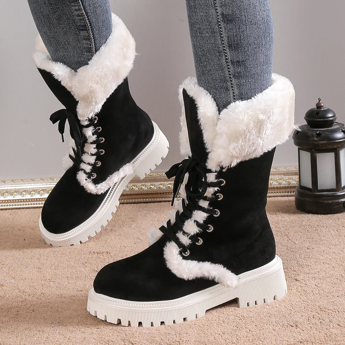 Fashion Women Winter Lace Up Fluffy Colorblock Ankle Boots Round Toe Platform Flats Boots