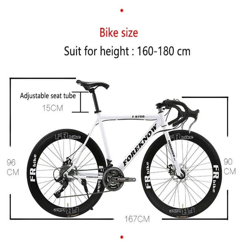 Guidon incurvé de vélo de route avec cadre en acier à haute teneur en carbone, double frein à disque, vélo de course sur route, roue à couteau 60, 27 vitesses