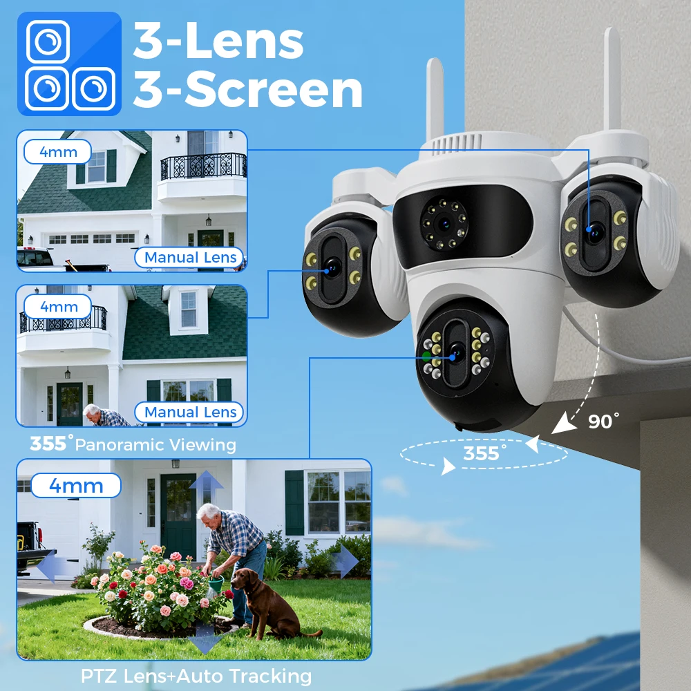 Hiseeu IP-Kamera, drei Objektive, 4-fach Zoom, WiFi, PTZ-Kamera, für den Außenbereich, wasserdicht, 3 MP, Auto-Tracking, CCTV-Sicherheitsüberwachungskamera iCsee