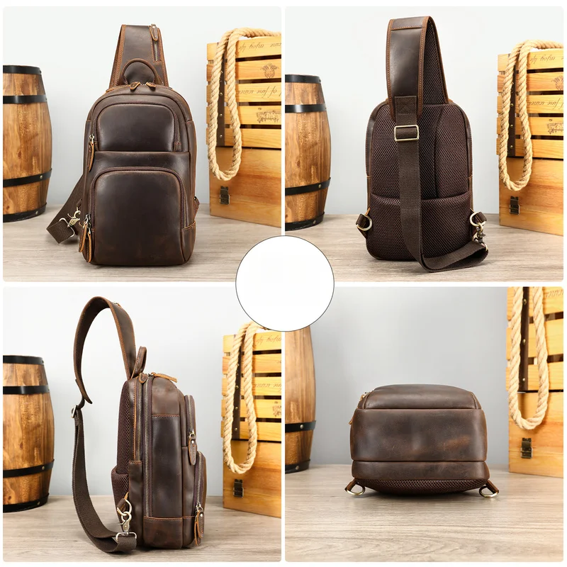 men's wild horse leather handbag with a crossbody strap is suitable for outdoor trips and features a retro leather chest bag