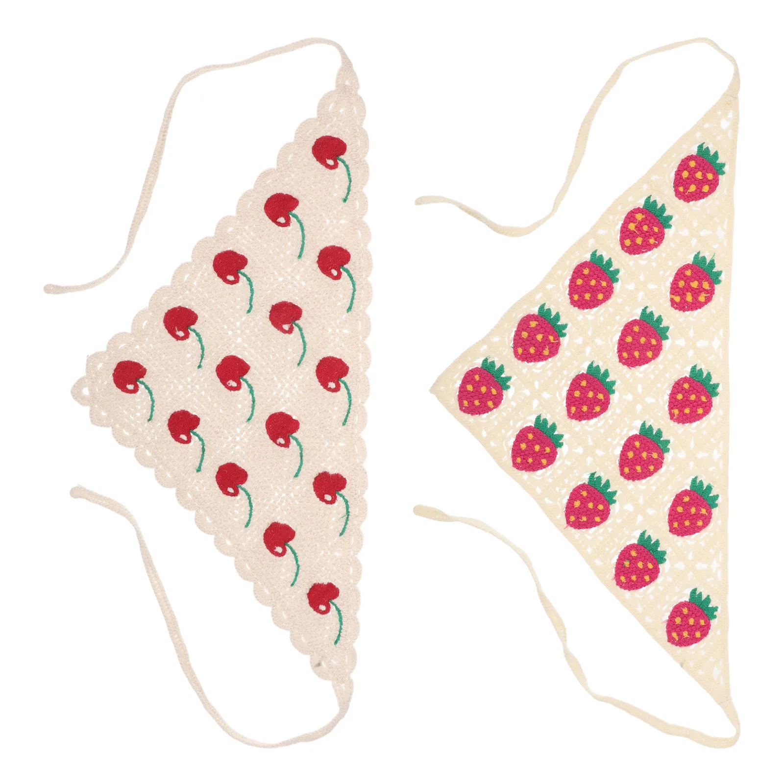 

2pcs Handcrafted Crochet Head Scarf Women'S Triangle Hair Bandana Strawberry Cherry Pattern Knitted Headwrap Sun Protection