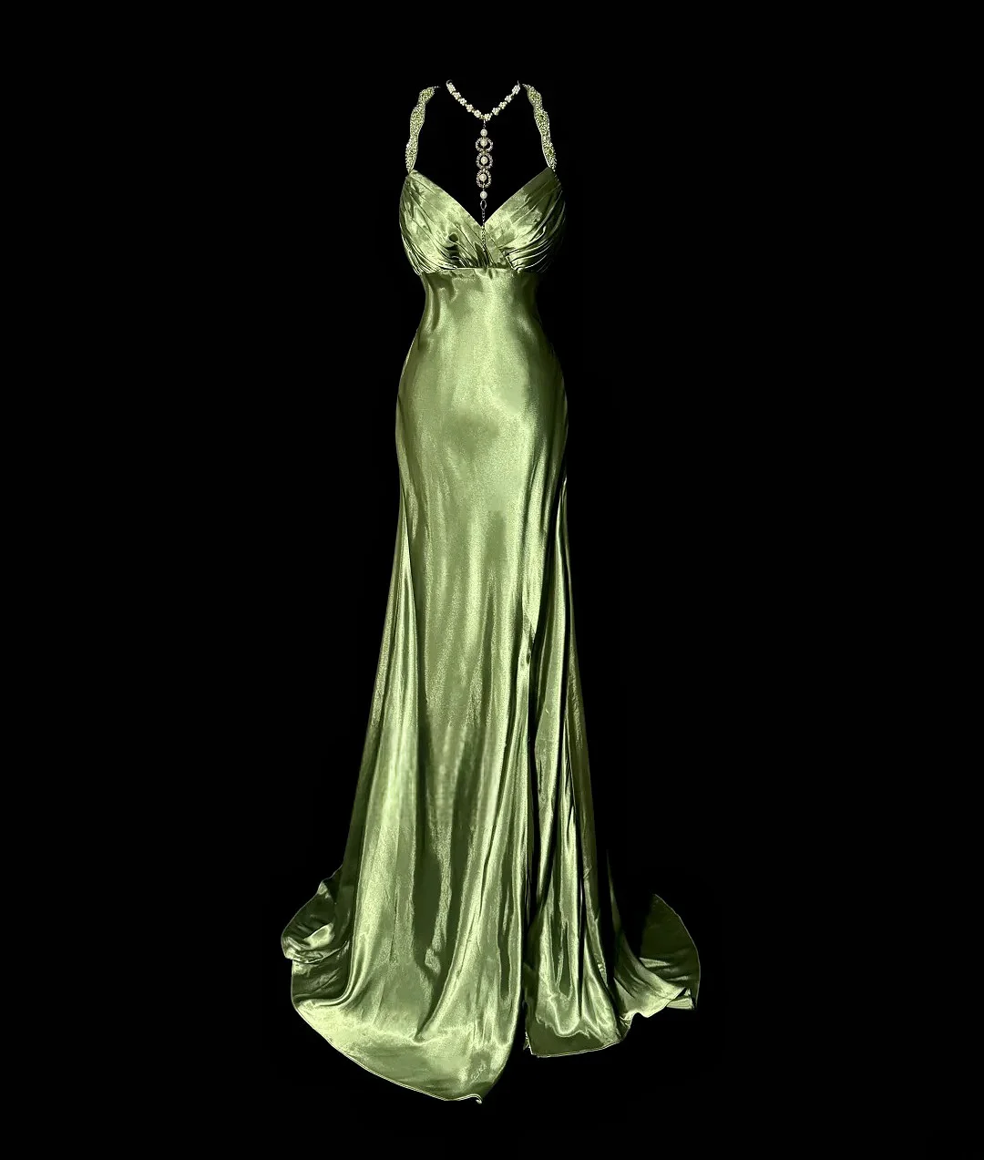 Green Woman Evening Dress Sexy V-Neck Satin Floor-Length Skirt Backless Mermaid Pleated Woman Party Wedding Bride Gowns