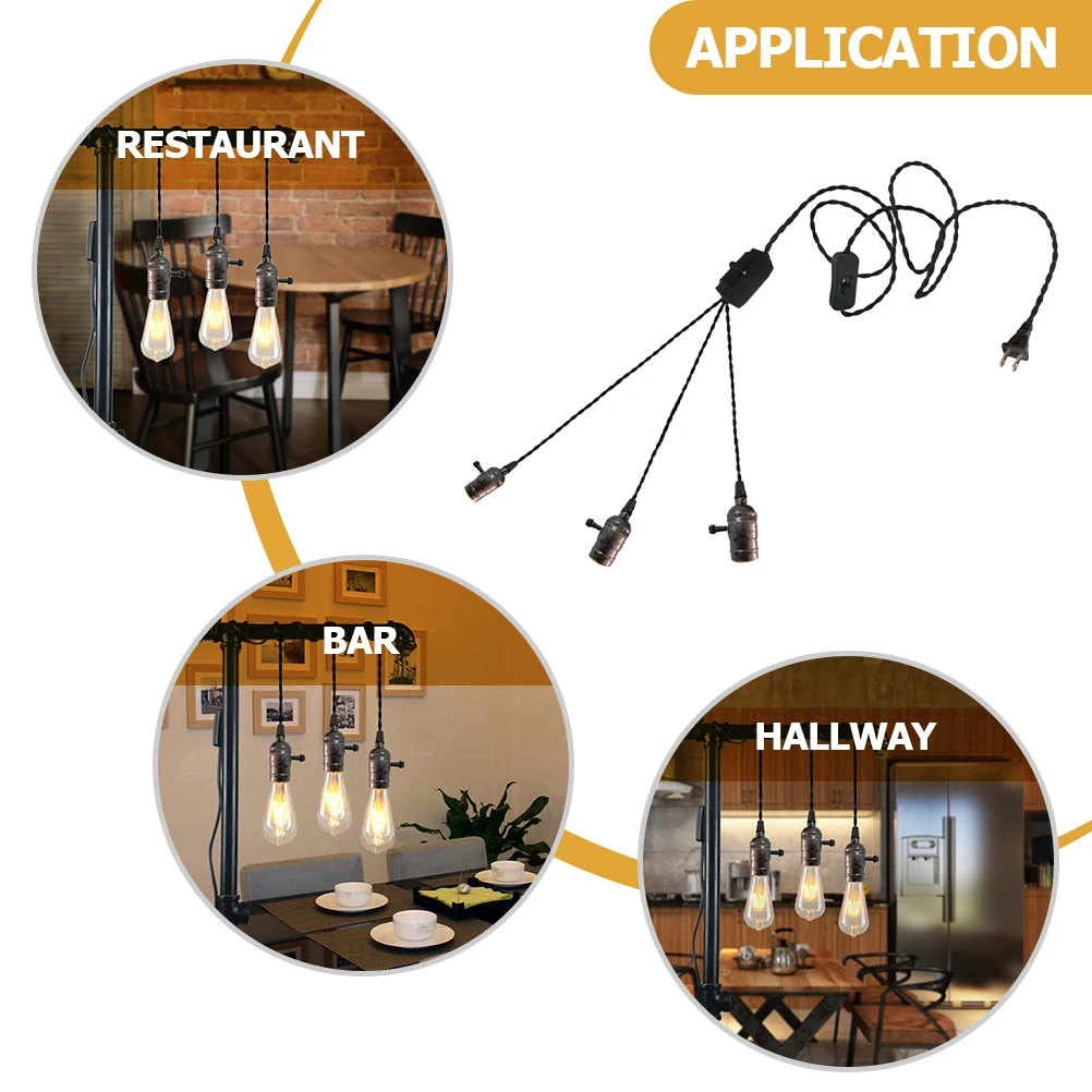 

Vintage Industrial Pendant Light Triple Socket Plug In Hanging Lamp Durable Rust Resistant Home Office Bar Decor (Bulb Not