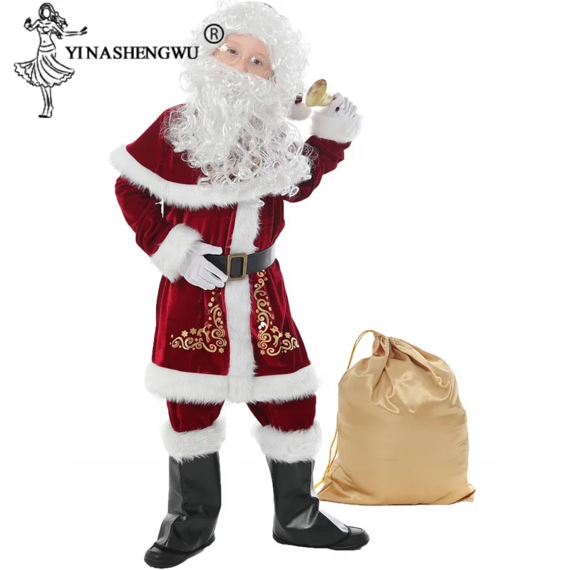 Santa Claus Costume 12PCS Christmas Full Set God Dress-Up Outfit For Men Cosplay Santa Suit With Hat Beard Golves Child Cosplay