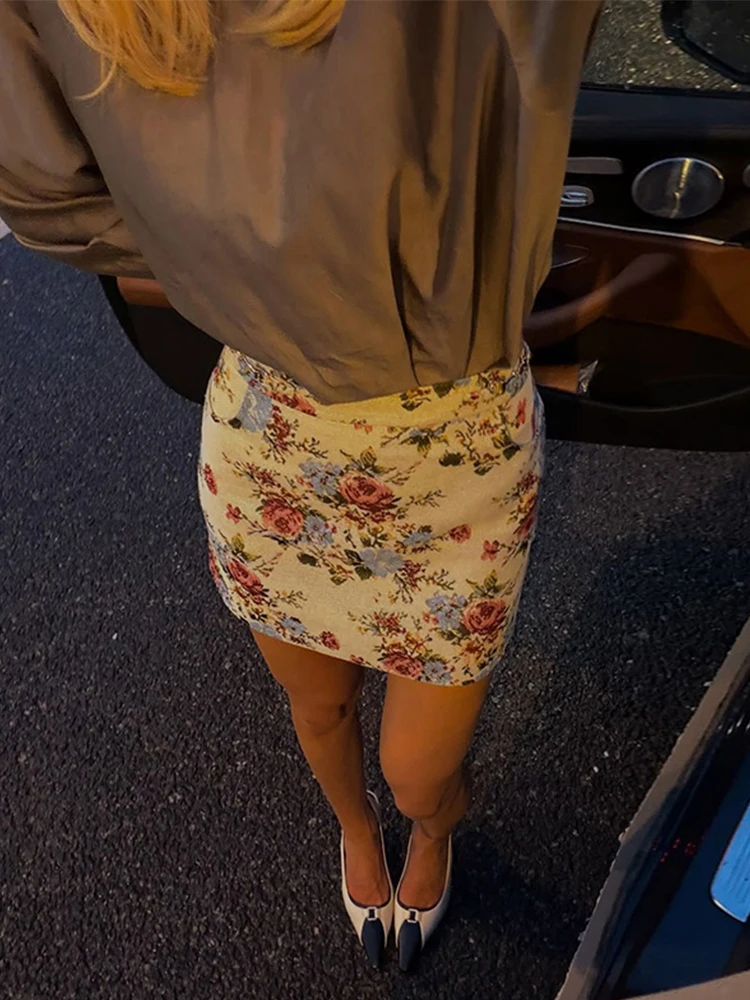 Vintage Flower Print Women's Skirt Pockets Zip Up High Package High Waist Sim Skirts 2026 New Office Lady All-matching Outwears