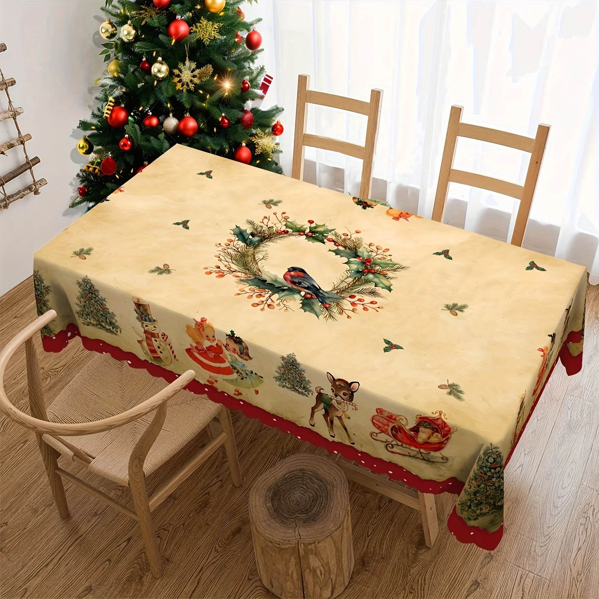 Christmas Dancing Girl Snowman Reindeer Waterproof Tablecloth Table Decor Winter Kitchen Dining Tablecloth Christmas Decoraitons