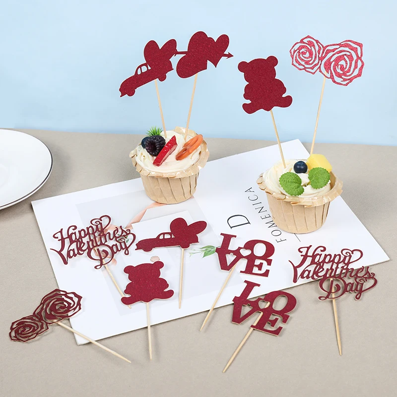 12Pcs Wedding Cupcake Topper Set Love Heart Rose Bear Flower Cake Topper Flag Happy Valentine's Day  Party Cake Decor Supplies