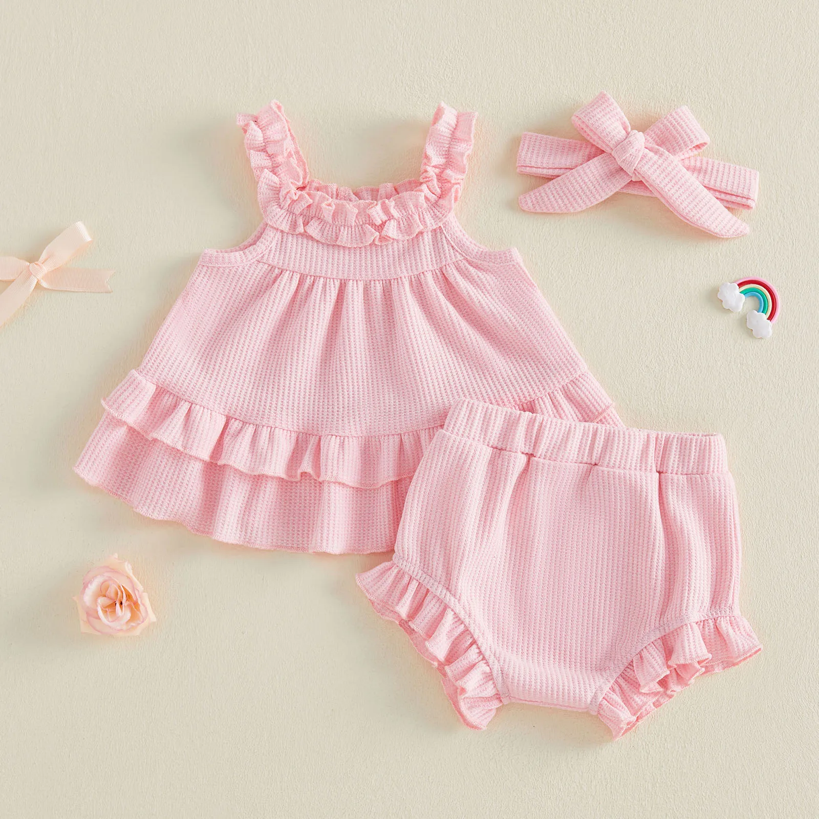 0-24M Baby Girl Summer Outfits Solid Color Waffle Sleeveless Bodydoll Tops PP Shorts Headband 3Pcs Clothes Sets 6