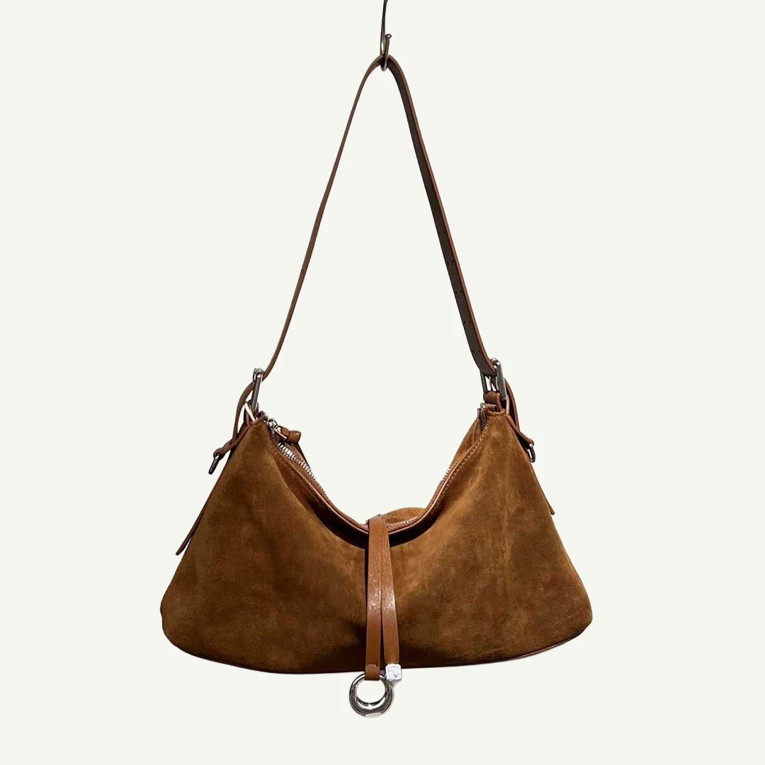 Mendy Suede Shoulder Bag Women Genuine Leather Trim Long Adjustable Strap Daily Commute Work Office Large Capacity Hobo Handbag