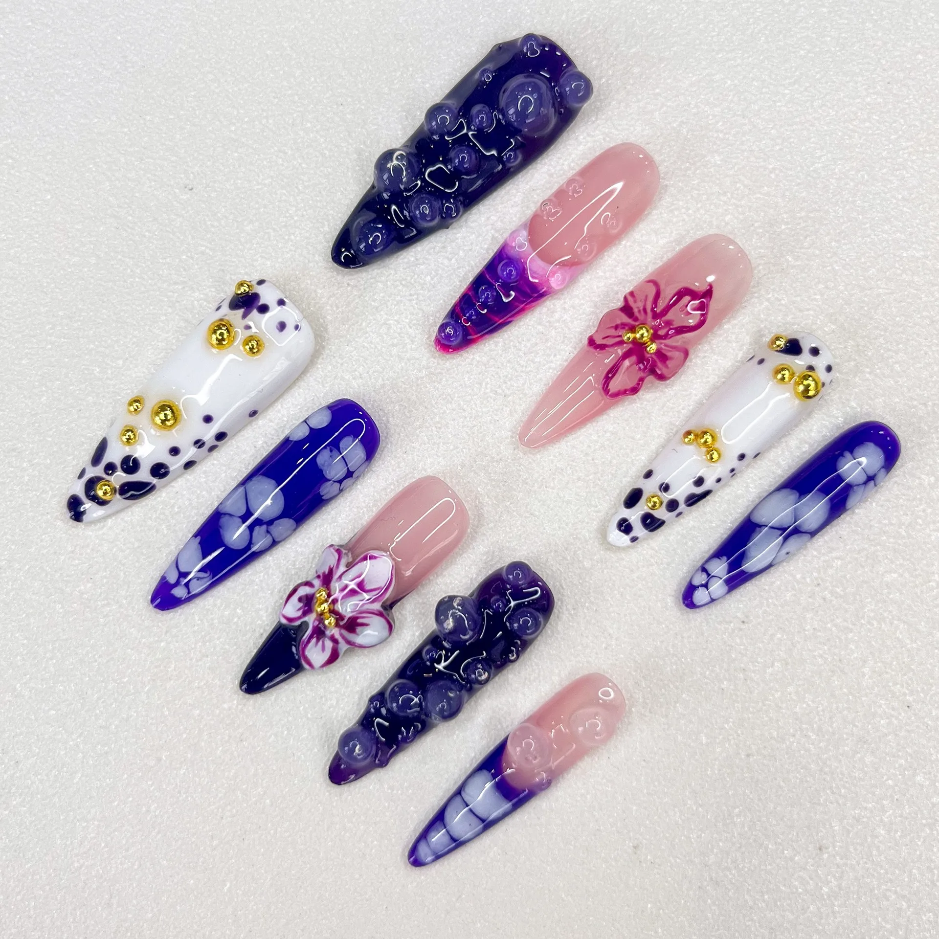 3D Long Special-shaped Purple Series Mandarin Duck Gold Embellishment Advanced Press on Nails Send Manicure Kit False Nails